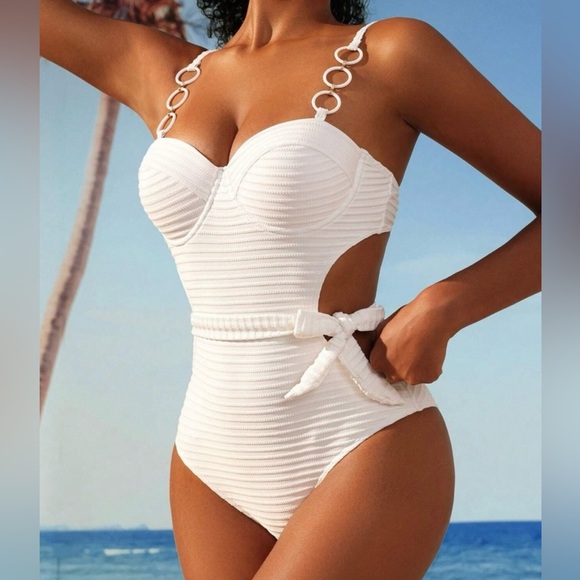 White Ribbed Push Up Cut Out Swimsuit - Picture 7 of 15